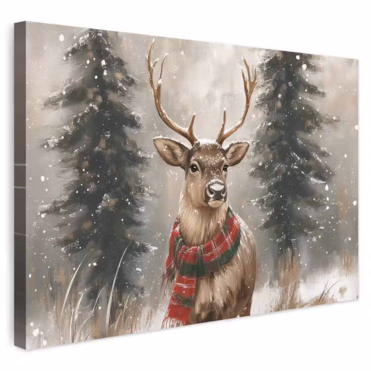 Canvas schilderij - Winter - Bos - Rendier - Donker — 1