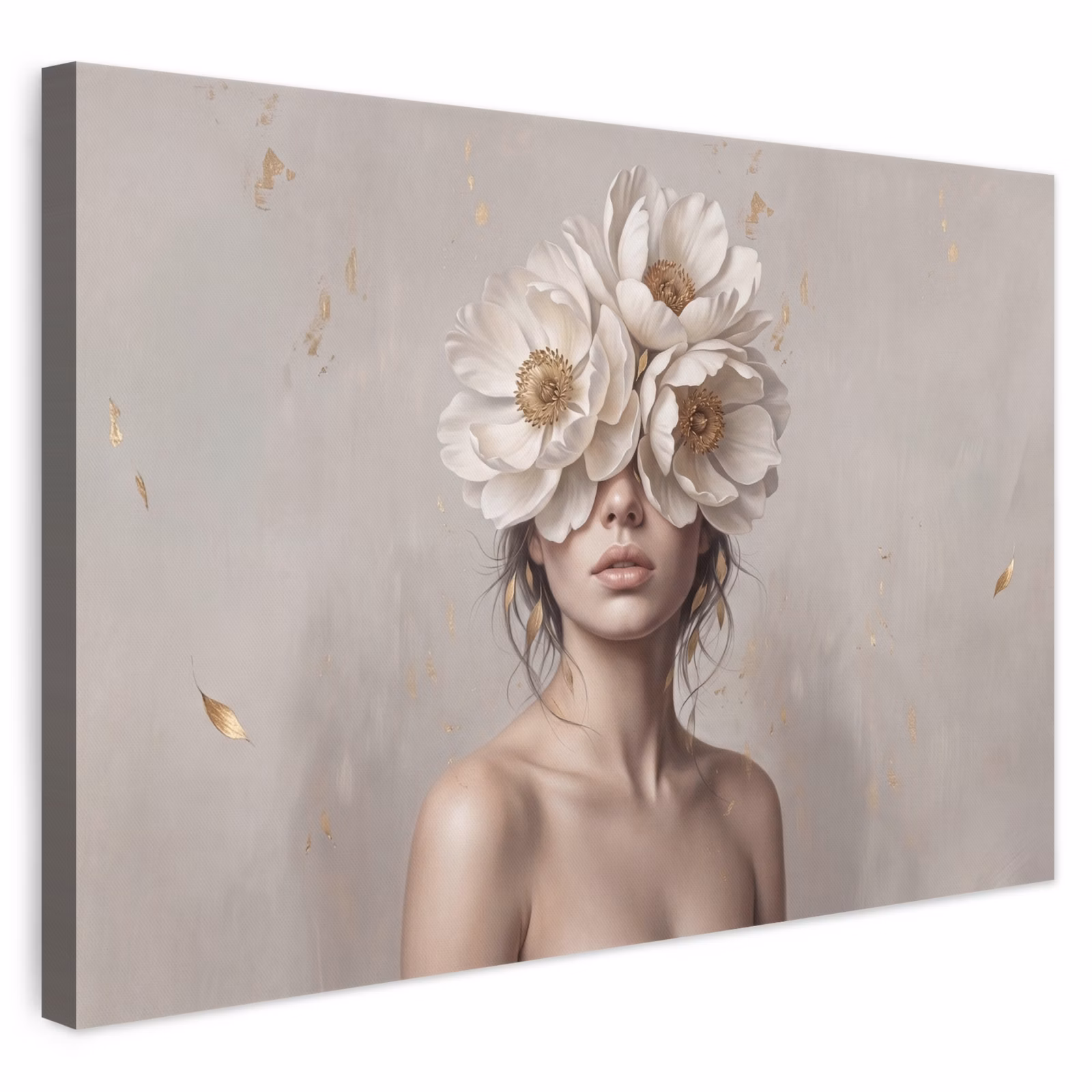 Canvas schilderij - Vrouw met Witte Bloemen en Bladgoud — 1