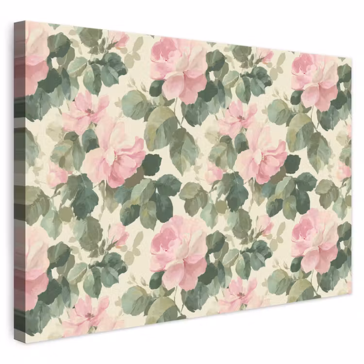 Canvas schilderij - Roze Bloemen met Bladeren Aquarel — 1