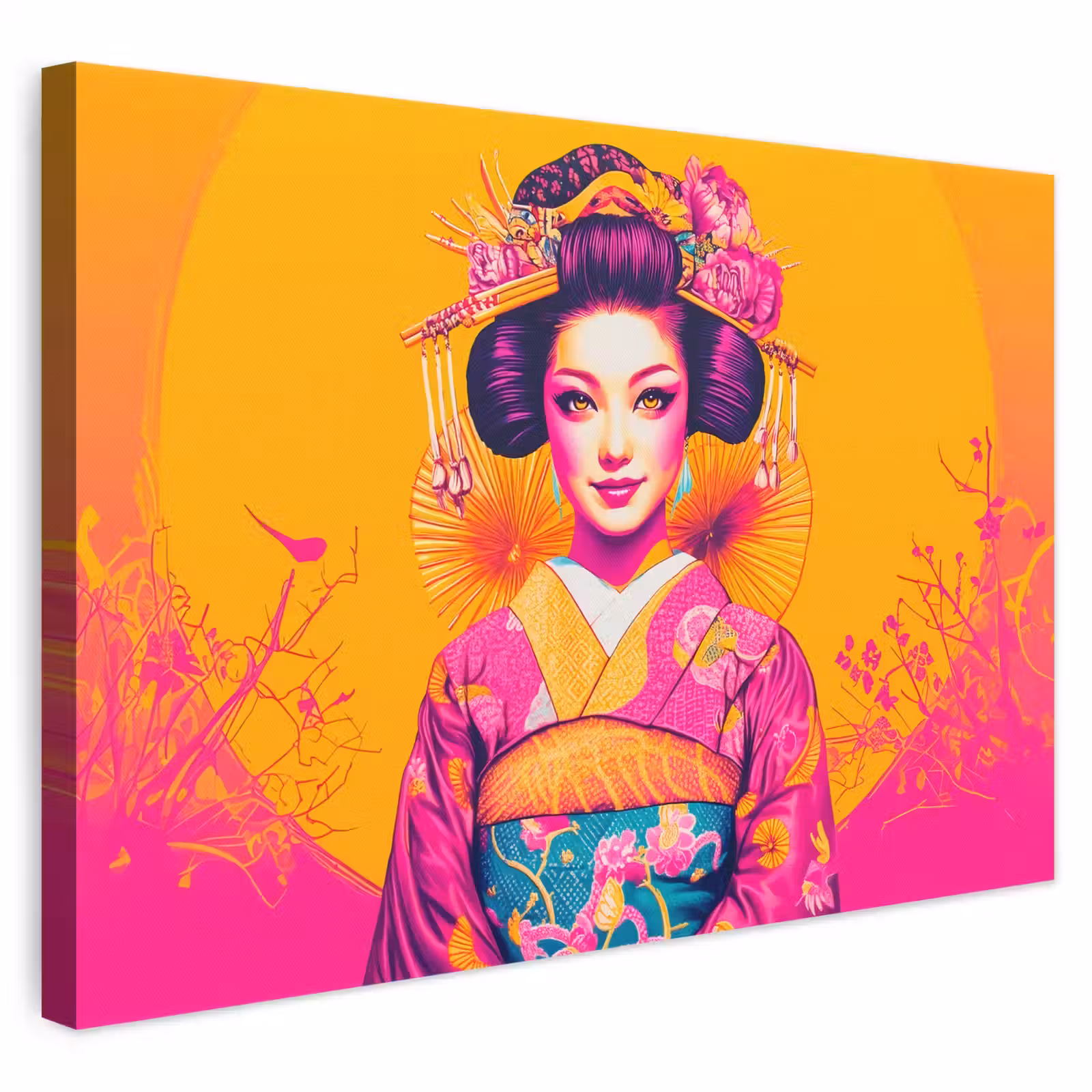 Canvas schilderij - Bloemen - Vrouw - Kimono - Roze — 1
