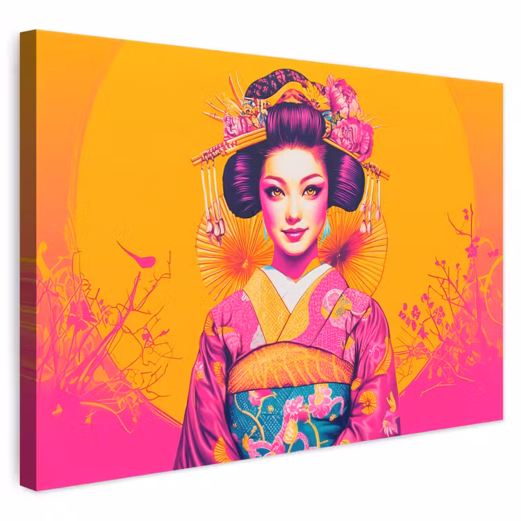 Canvas schilderij - Bloemen - Vrouw - Kimono - Roze — 1