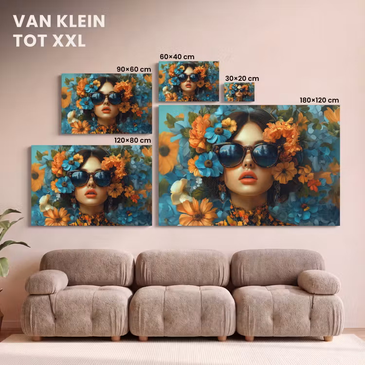 Canvas schilderij - Vrouw - Bloemen - Oranje - Blauw - Modern — 8