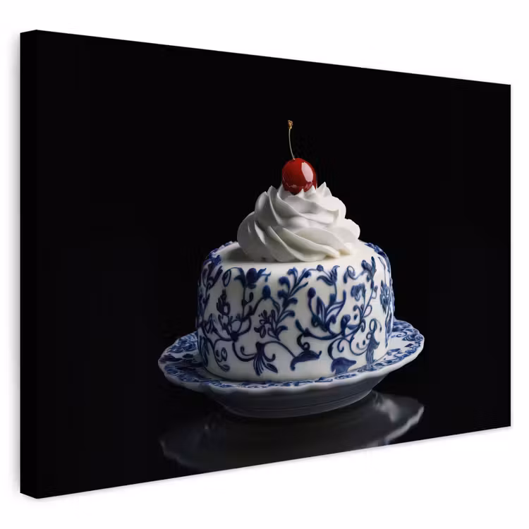 Buiten canvas - Taart - Slagroom - Kers - Bord - Delfts blauw