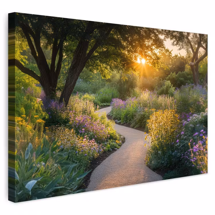 Buiten canvas - Tuinpad met Bloemen Zonsopgang