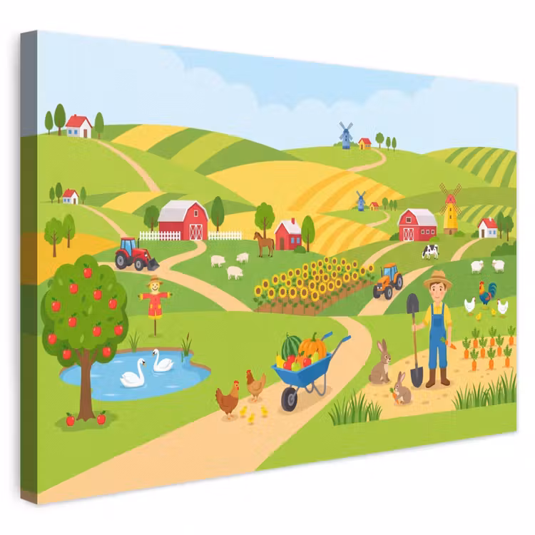 Canvas schilderij - Boerderij - Landschap - Cartoon — 1