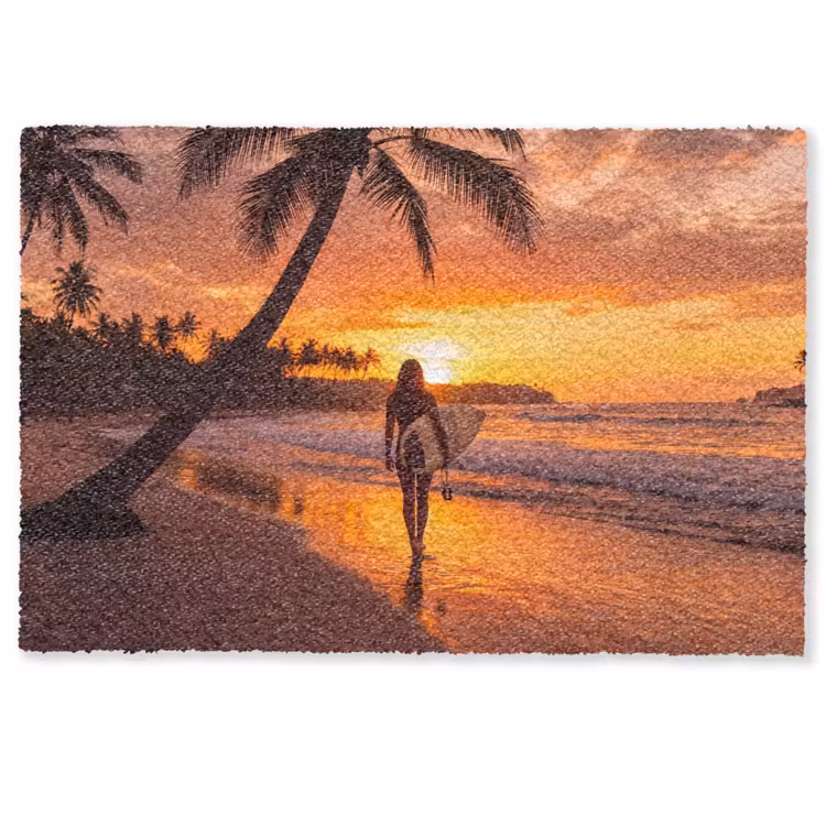 Deurmat - Vrouw - Surfplank - Strand - Zonsondergang - Oranje — 1