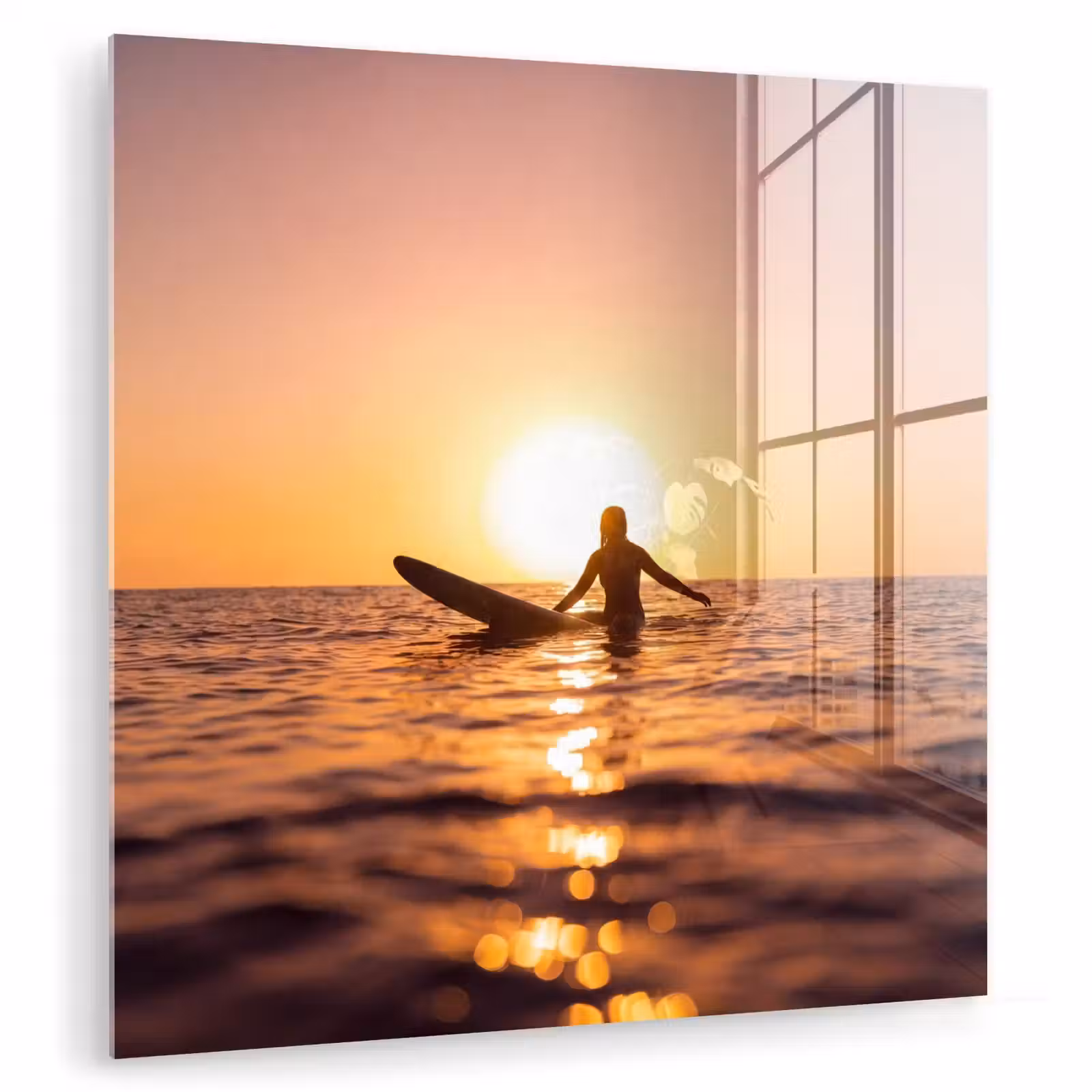 Glas schilderij - Persoon - Surfen - Zonsondergang - Zee - Oranje — 1