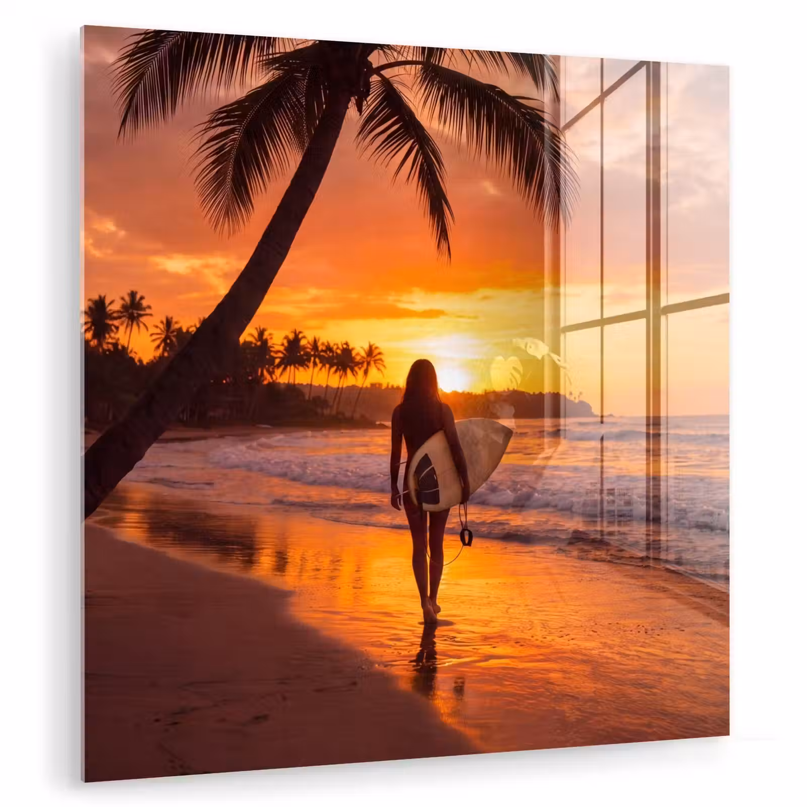Glas schilderij - Vrouw - Surfplank - Strand - Zonsondergang - Oranje — 1
