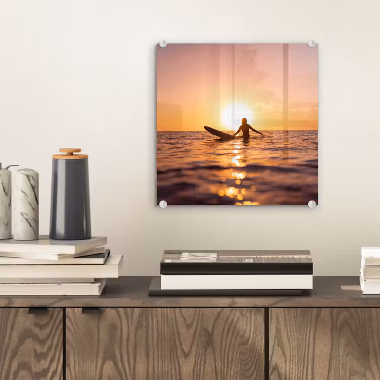 Glas schilderij - Persoon - Surfen - Zonsondergang - Zee - Oranje — 2