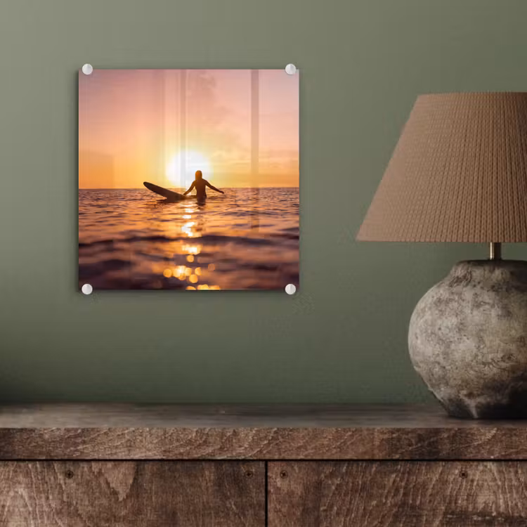 Glas schilderij - Persoon - Surfen - Zonsondergang - Zee - Oranje — 4