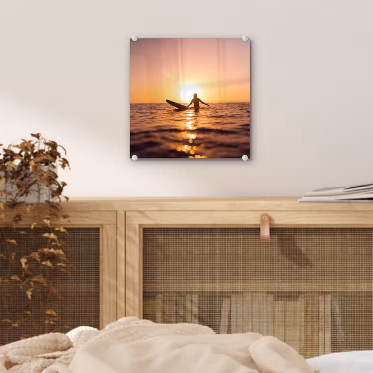 Glas schilderij - Persoon - Surfen - Zonsondergang - Zee - Oranje — 5