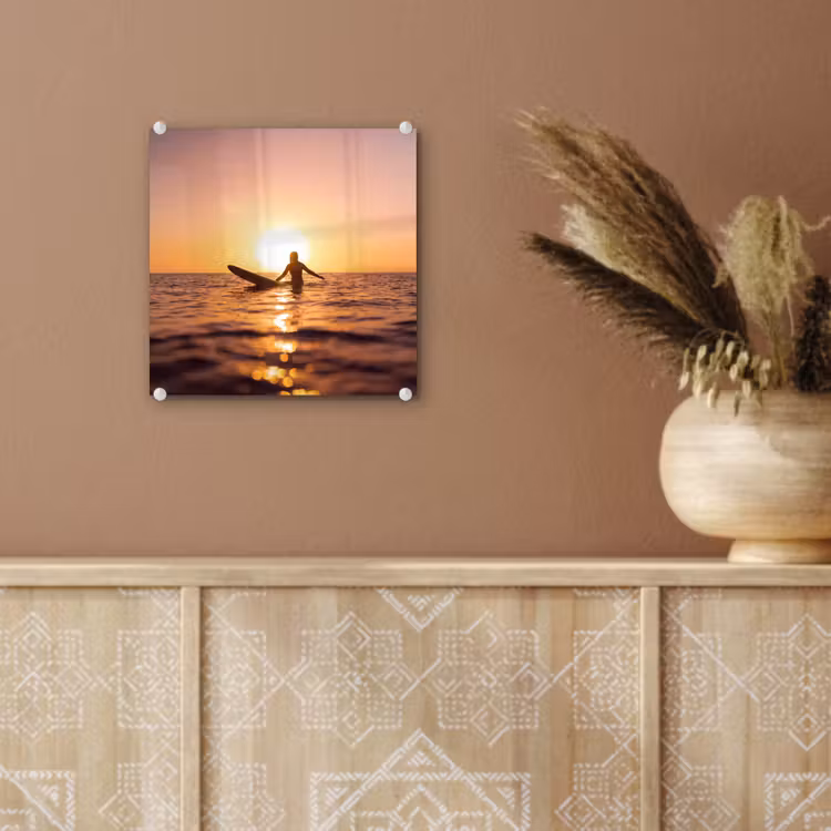 Glas schilderij - Persoon - Surfen - Zonsondergang - Zee - Oranje — 6