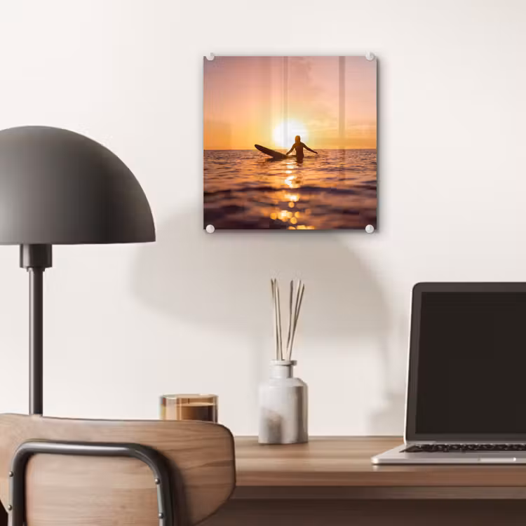 Glas schilderij - Persoon - Surfen - Zonsondergang - Zee - Oranje — 7