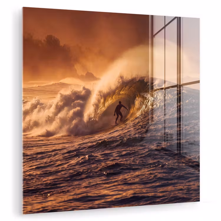 Glas schilderij - Surfer - Golf - Oceaan - Sport - Oranje — 1