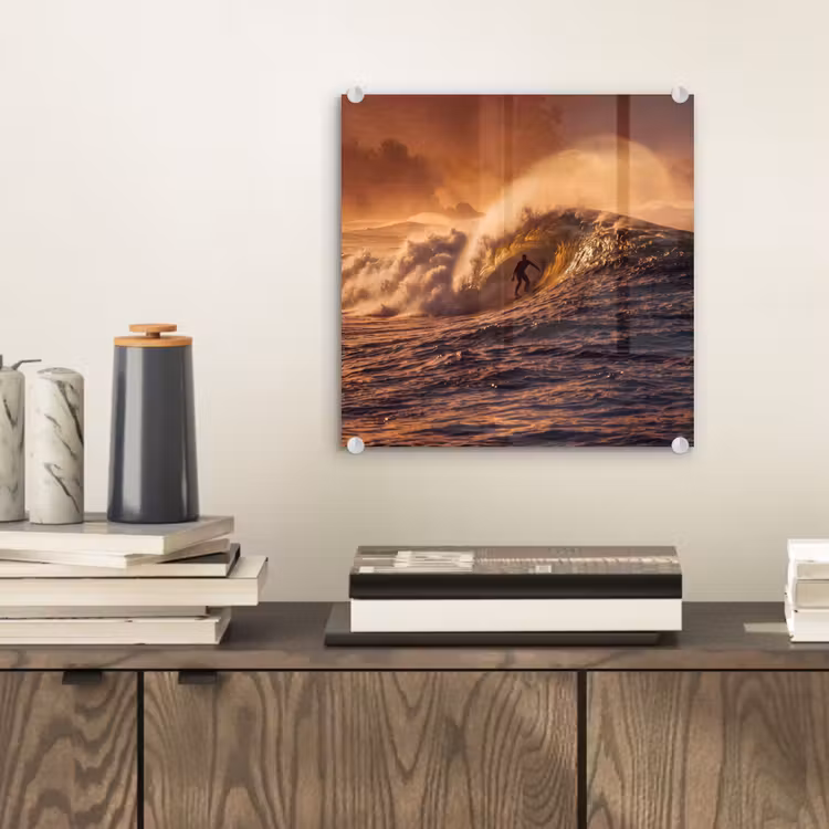Glas schilderij - Surfer - Golf - Oceaan - Sport - Oranje — 2