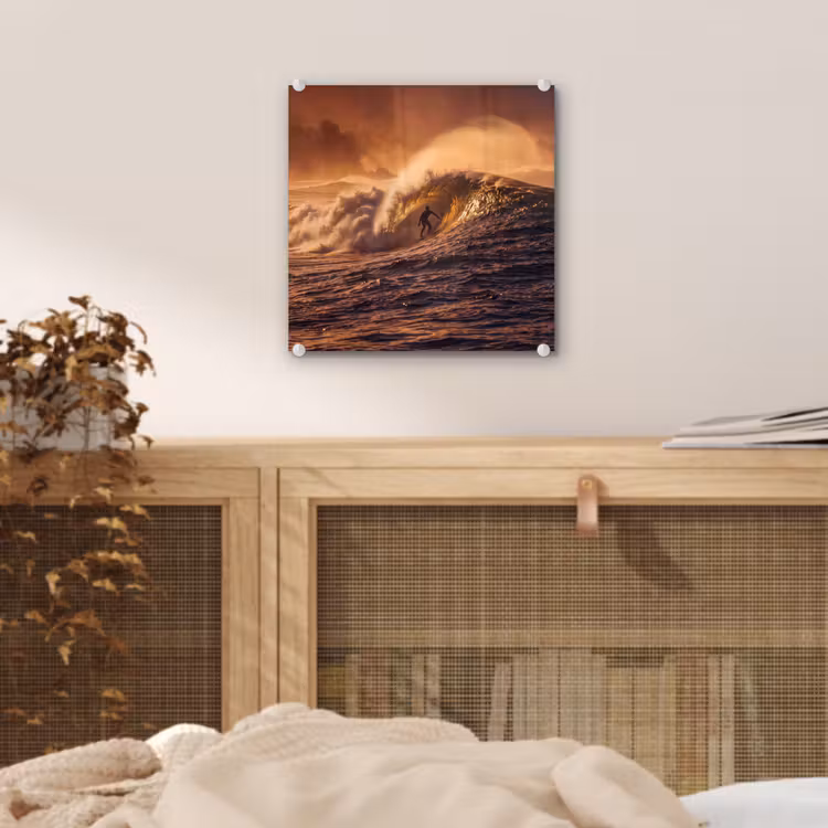 Glas schilderij - Surfer - Golf - Oceaan - Sport - Oranje — 5
