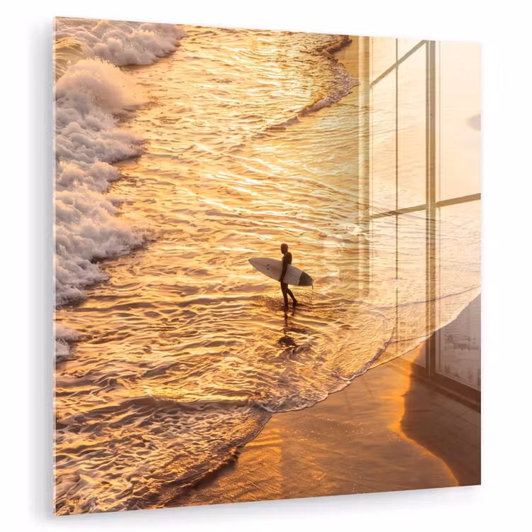 Glas schilderij - Surfer - Strand - Zonsondergang - Oceaan - Goud — 1