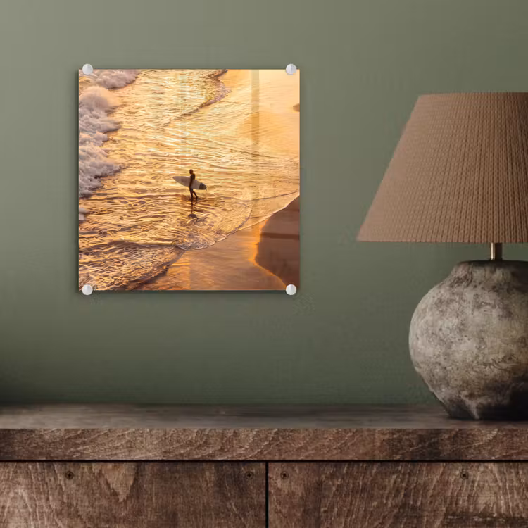 Glas schilderij - Surfer - Strand - Zonsondergang - Oceaan - Goud — 4