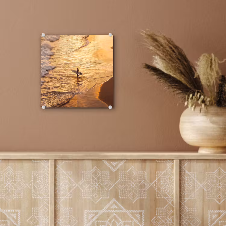 Glas schilderij - Surfer - Strand - Zonsondergang - Oceaan - Goud — 6