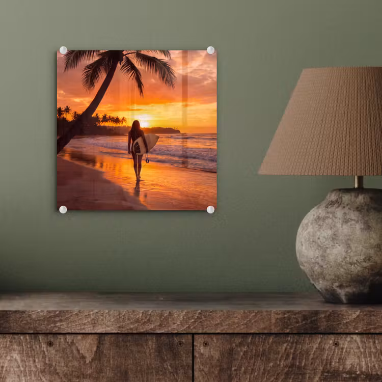 Glas schilderij - Vrouw - Surfplank - Strand - Zonsondergang - Oranje — 4