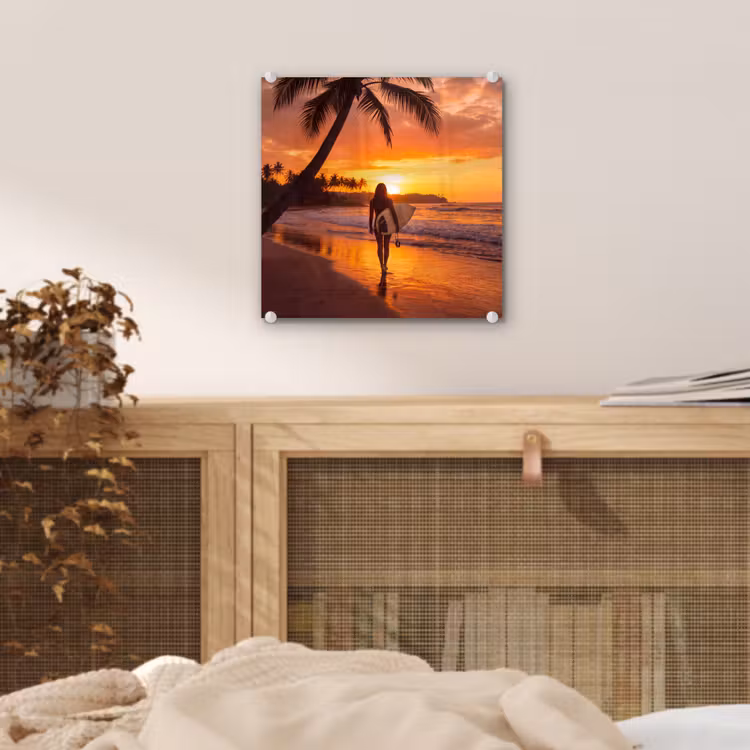 Glas schilderij - Vrouw - Surfplank - Strand - Zonsondergang - Oranje — 5