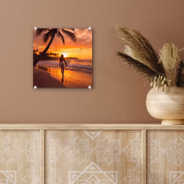 Glas schilderij - Vrouw - Surfplank - Strand - Zonsondergang - Oranje — 6