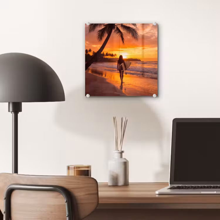 Glas schilderij - Vrouw - Surfplank - Strand - Zonsondergang - Oranje — 7