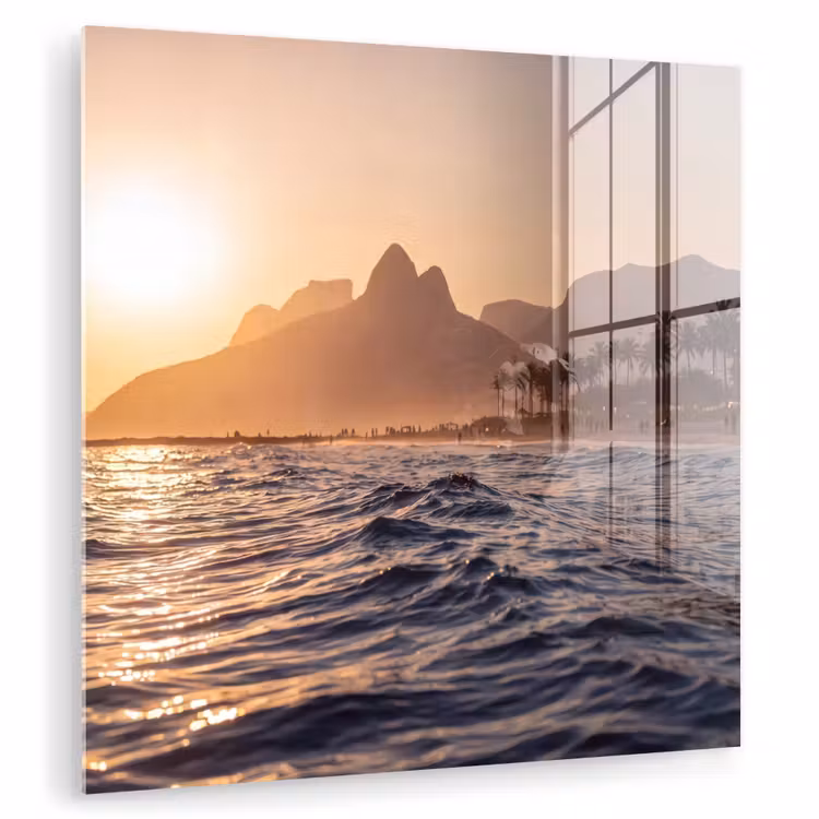 Glas schilderij - Zee - Golven - Zonsondergang - Kust - Goud — 1