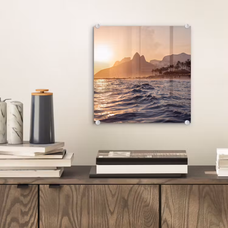 Glas schilderij - Zee - Golven - Zonsondergang - Kust - Goud — 2