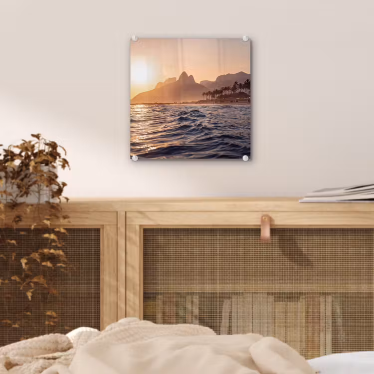 Glas schilderij - Zee - Golven - Zonsondergang - Kust - Goud — 5