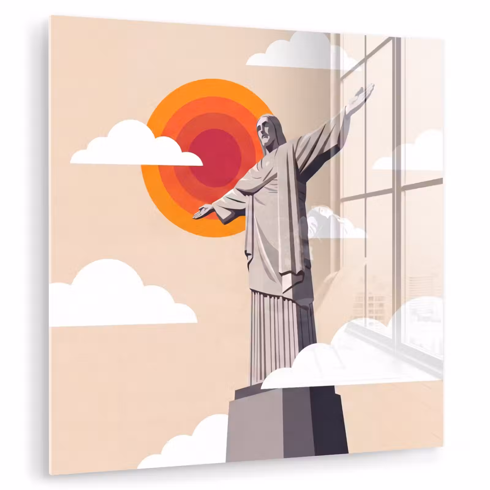Glas schilderij - Monument - Stad - Zonsondergang - Minimalistisch - Oranje — 1