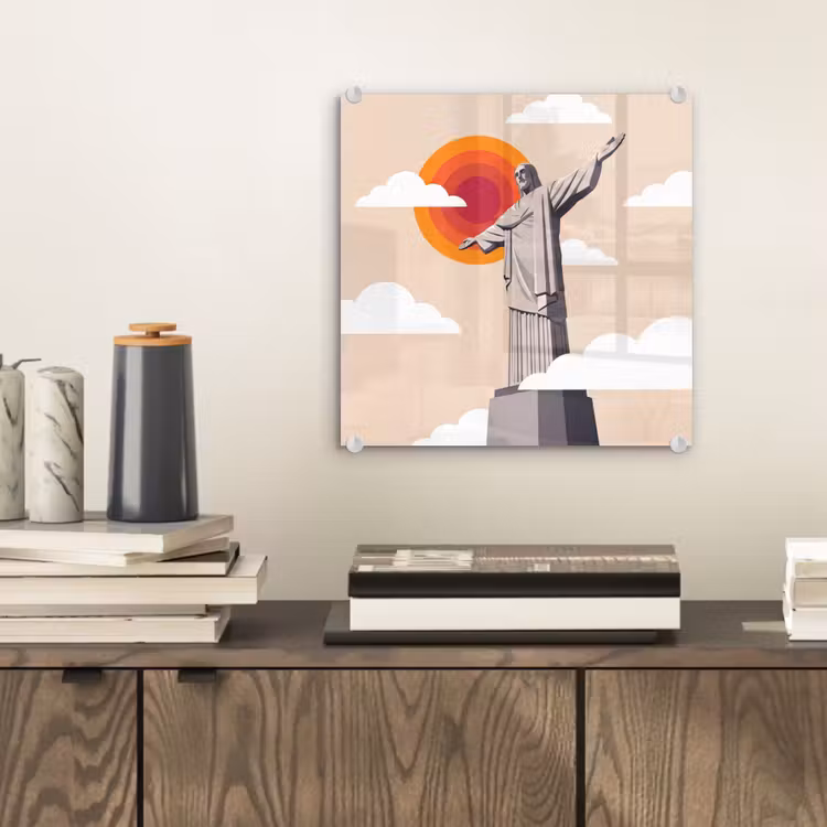 Glas schilderij - Monument - Stad - Zonsondergang - Minimalistisch - Oranje — 2
