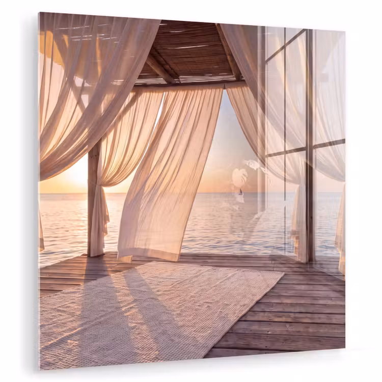 Glas schilderij - Overkapping - Zee - Zonsondergang - Vakantie - Rust — 1