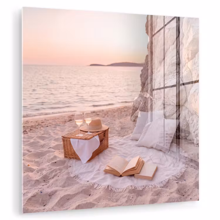Glas schilderij - Strand - Picknick - Zonsondergang - Zomer - Natuur — 1