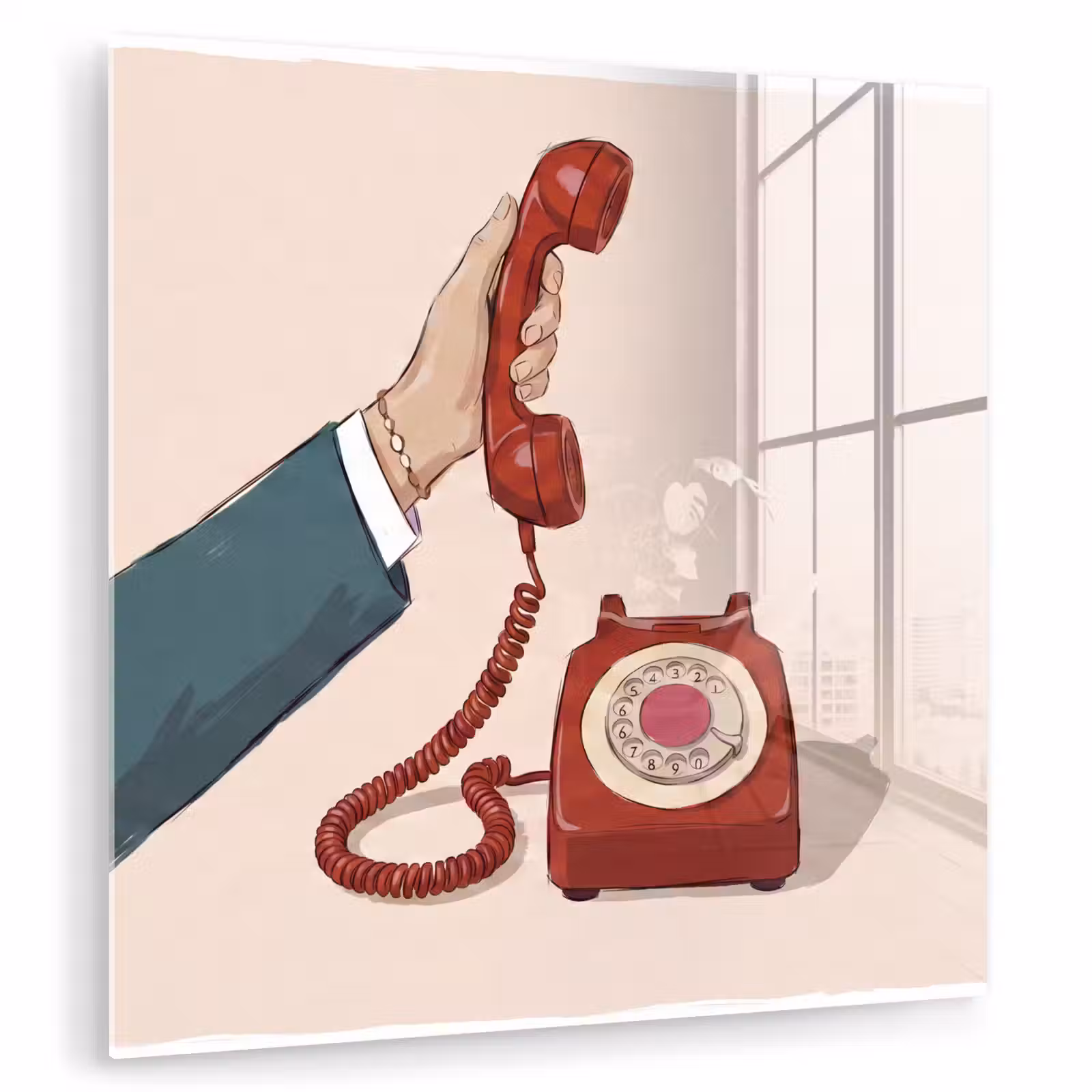 Glas schilderij - Telefoon - Hand - Vintage - Communicatie - Rood — 1