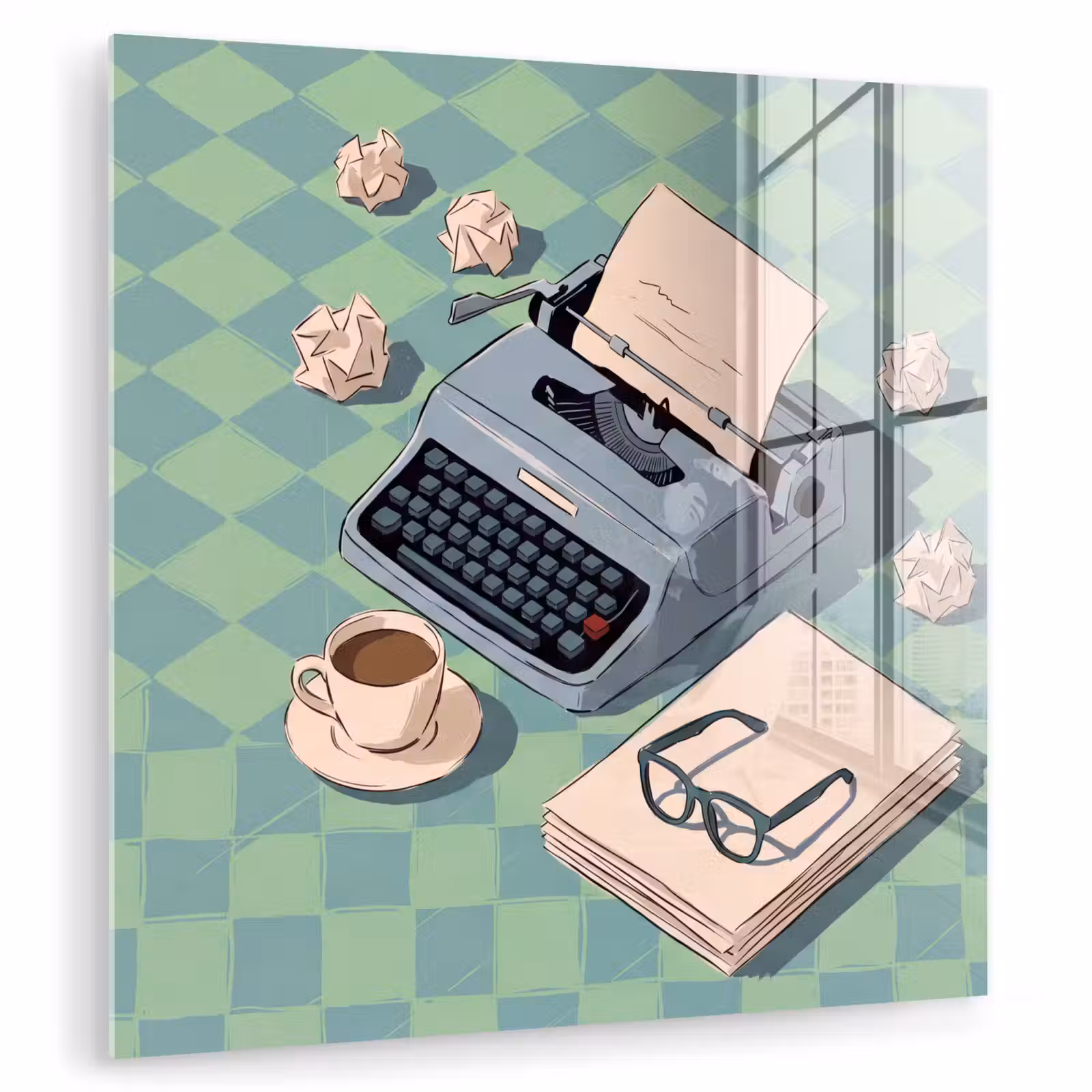 Glas schilderij - Typemachine - Kantoor - Vintage - Illustratie - Groen — 1