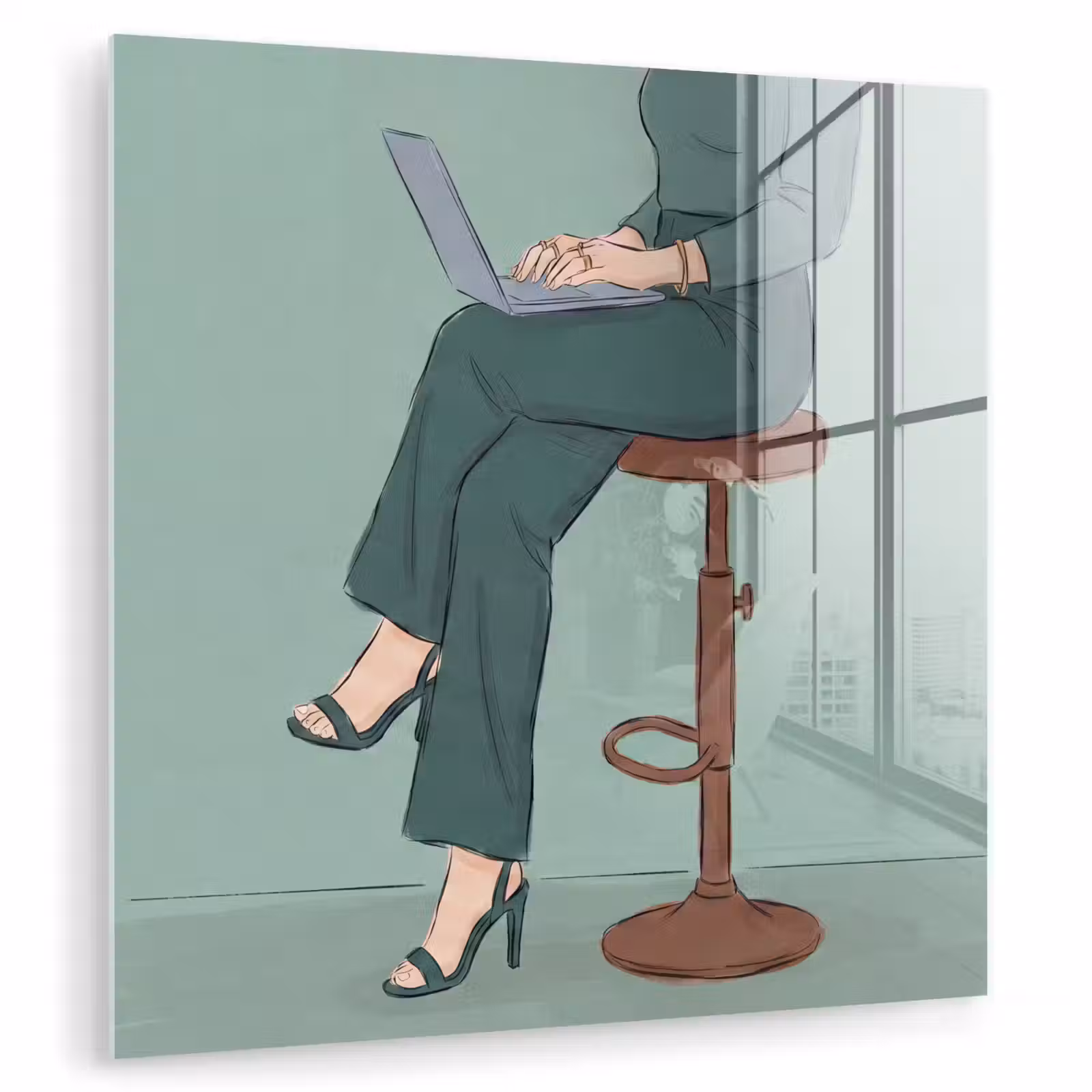 Glas schilderij - Vrouw - Laptop - Zittend - Illustratie - Groen — 1