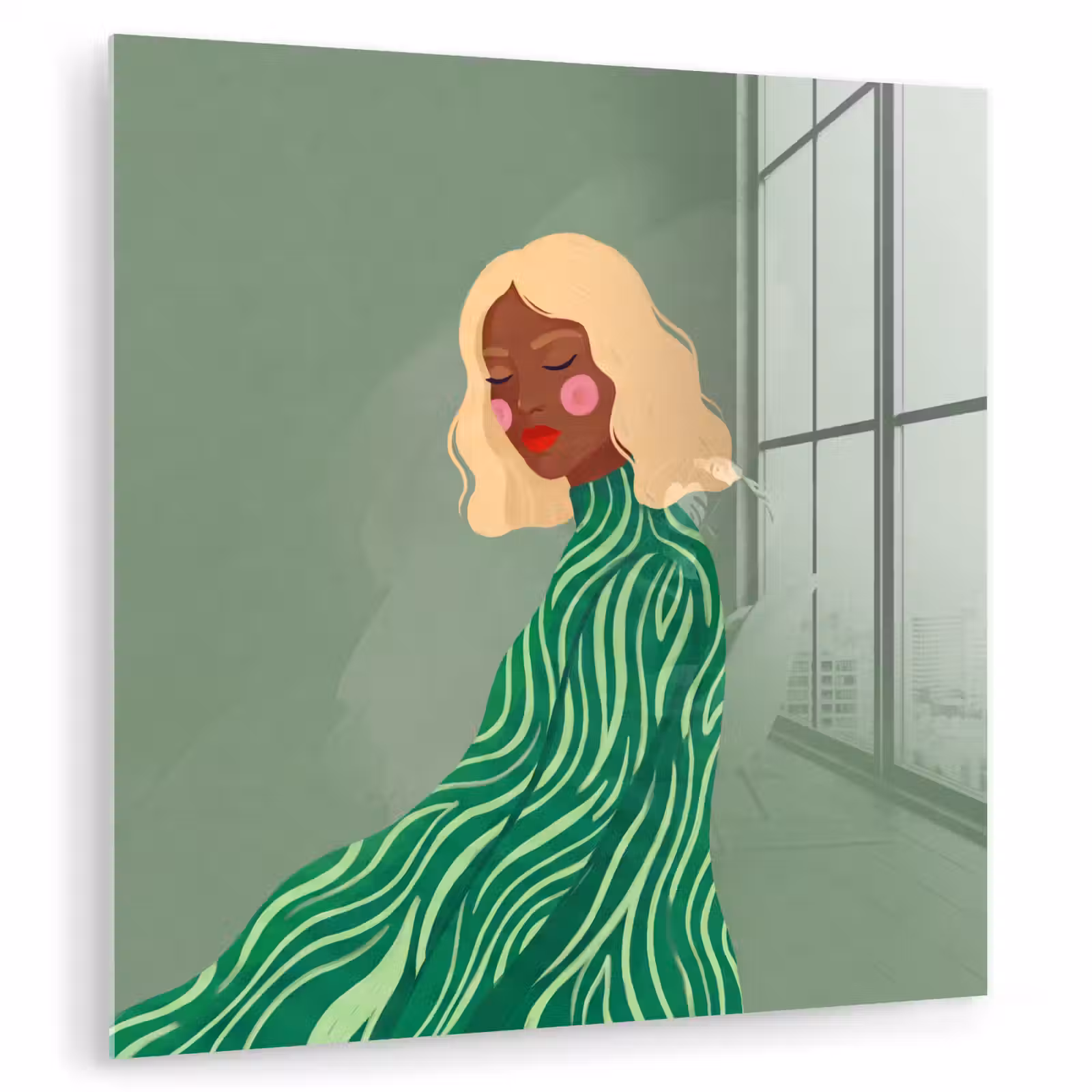 Glas schilderij - Vrouw - Portret - Illustratie - Modern - Groen — 1