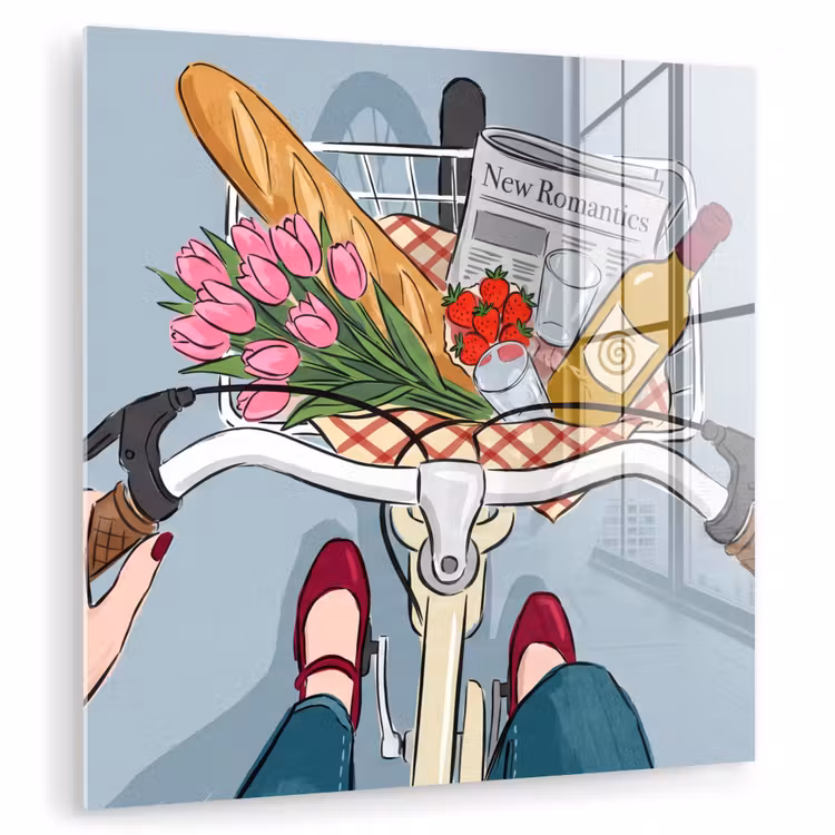 Glas schilderij - Fiets - Picknick - Zomer - Illustratie — 1