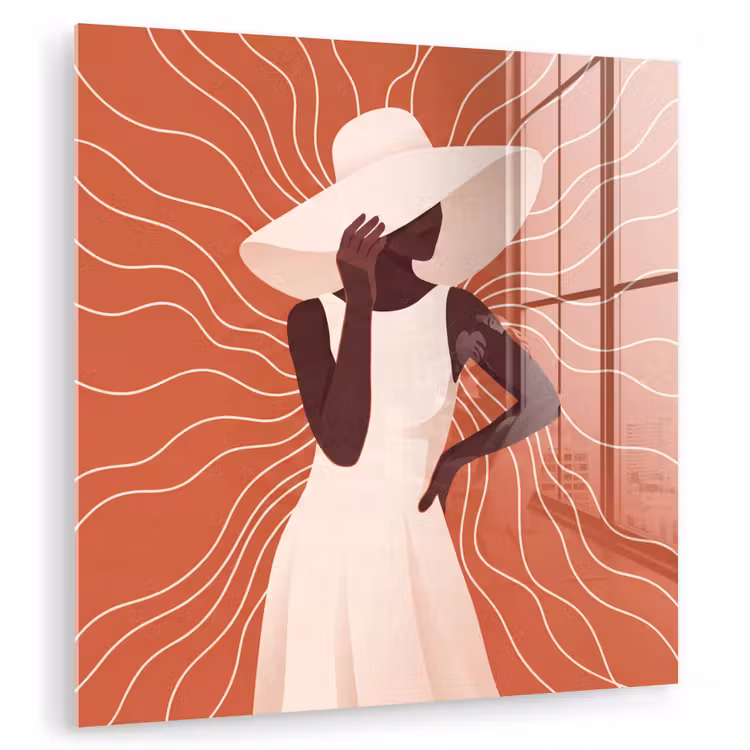 Glas schilderij - Vrouw - Hoed - Portret - Modern - Beige — 1