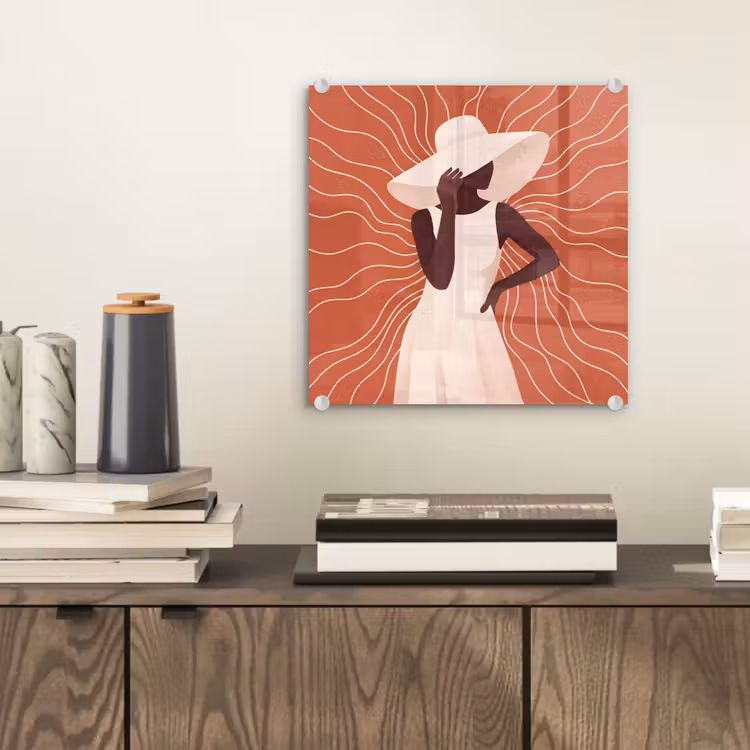 Glas schilderij - Vrouw - Hoed - Portret - Modern - Beige — 2