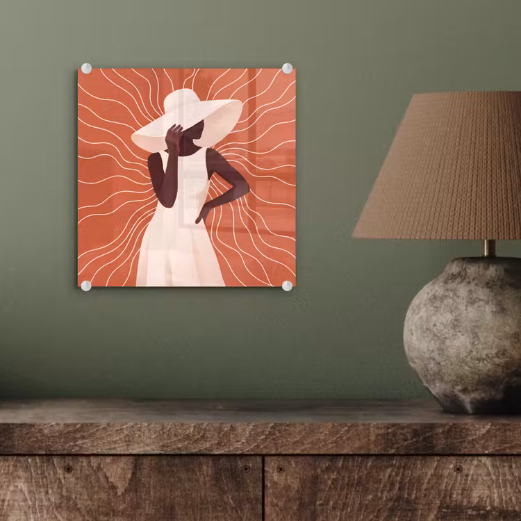 Glas schilderij - Vrouw - Hoed - Portret - Modern - Beige — 4