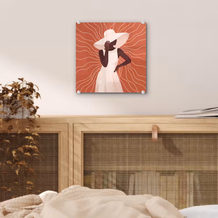 Glas schilderij - Vrouw - Hoed - Portret - Modern - Beige — 5