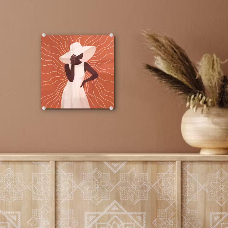 Glas schilderij - Vrouw - Hoed - Portret - Modern - Beige — 6