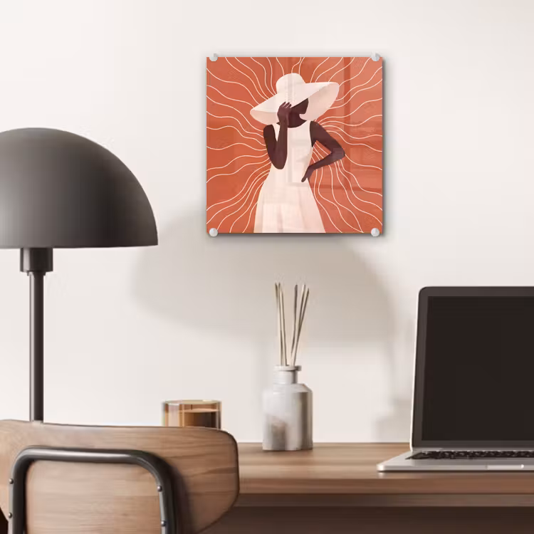 Glas schilderij - Vrouw - Hoed - Portret - Modern - Beige — 7
