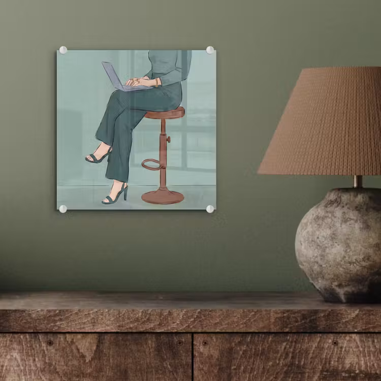 Glas schilderij - Vrouw - Laptop - Zittend - Illustratie - Groen — 4