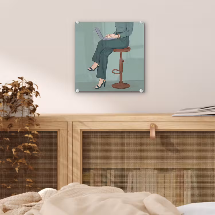 Glas schilderij - Vrouw - Laptop - Zittend - Illustratie - Groen — 5