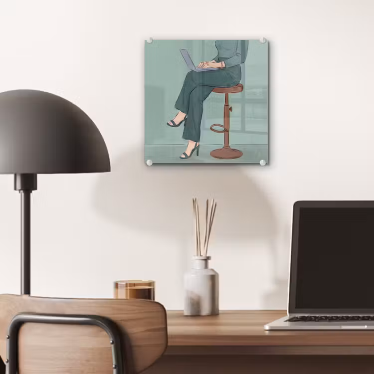 Glas schilderij - Vrouw - Laptop - Zittend - Illustratie - Groen — 7