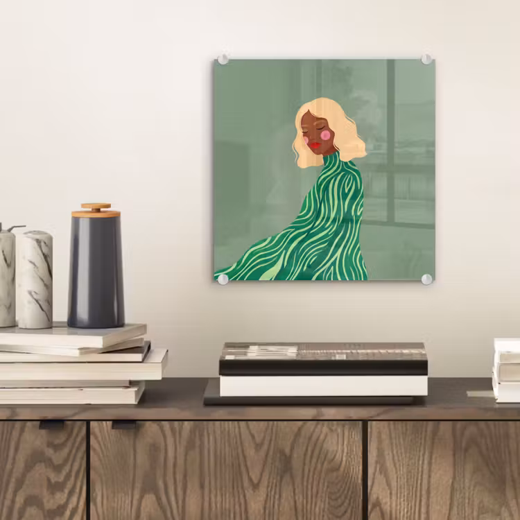 Glas schilderij - Vrouw - Portret - Illustratie - Modern - Groen — 2