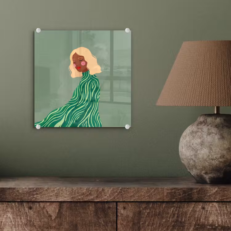 Glas schilderij - Vrouw - Portret - Illustratie - Modern - Groen — 4